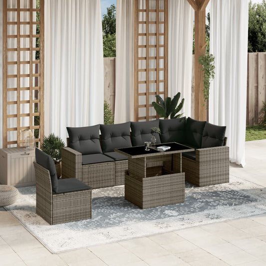 7-tlg. Garten-Sofagarnitur mit Kissen Grau Poly Rattan
