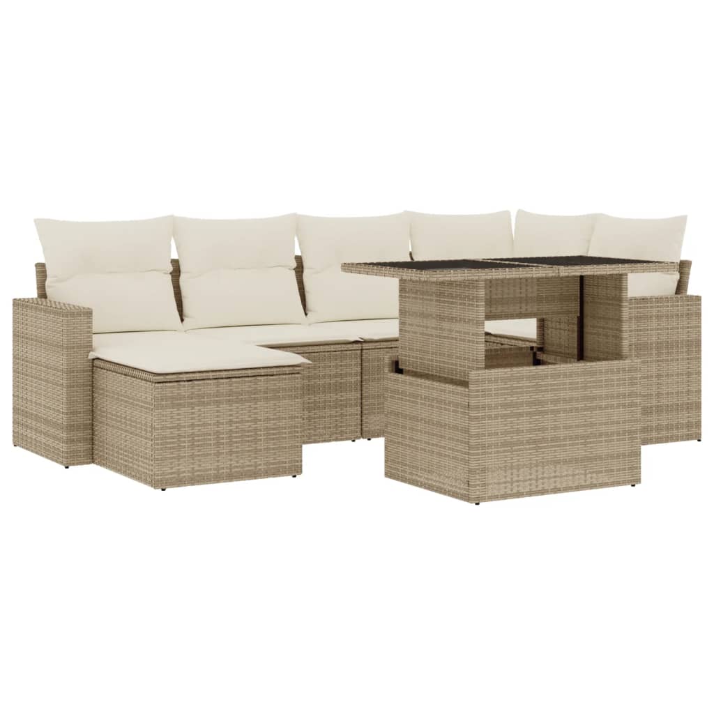 7-tlg. Garten-Sofagarnitur mit Kissen Beige Poly Rattan