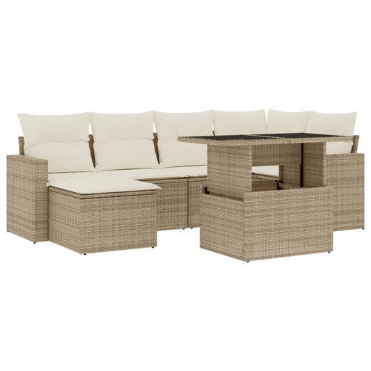 7-tlg. Garten-Sofagarnitur mit Kissen Beige Poly Rattan