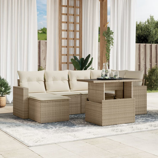 7-tlg. Garten-Sofagarnitur mit Kissen Beige Poly Rattan