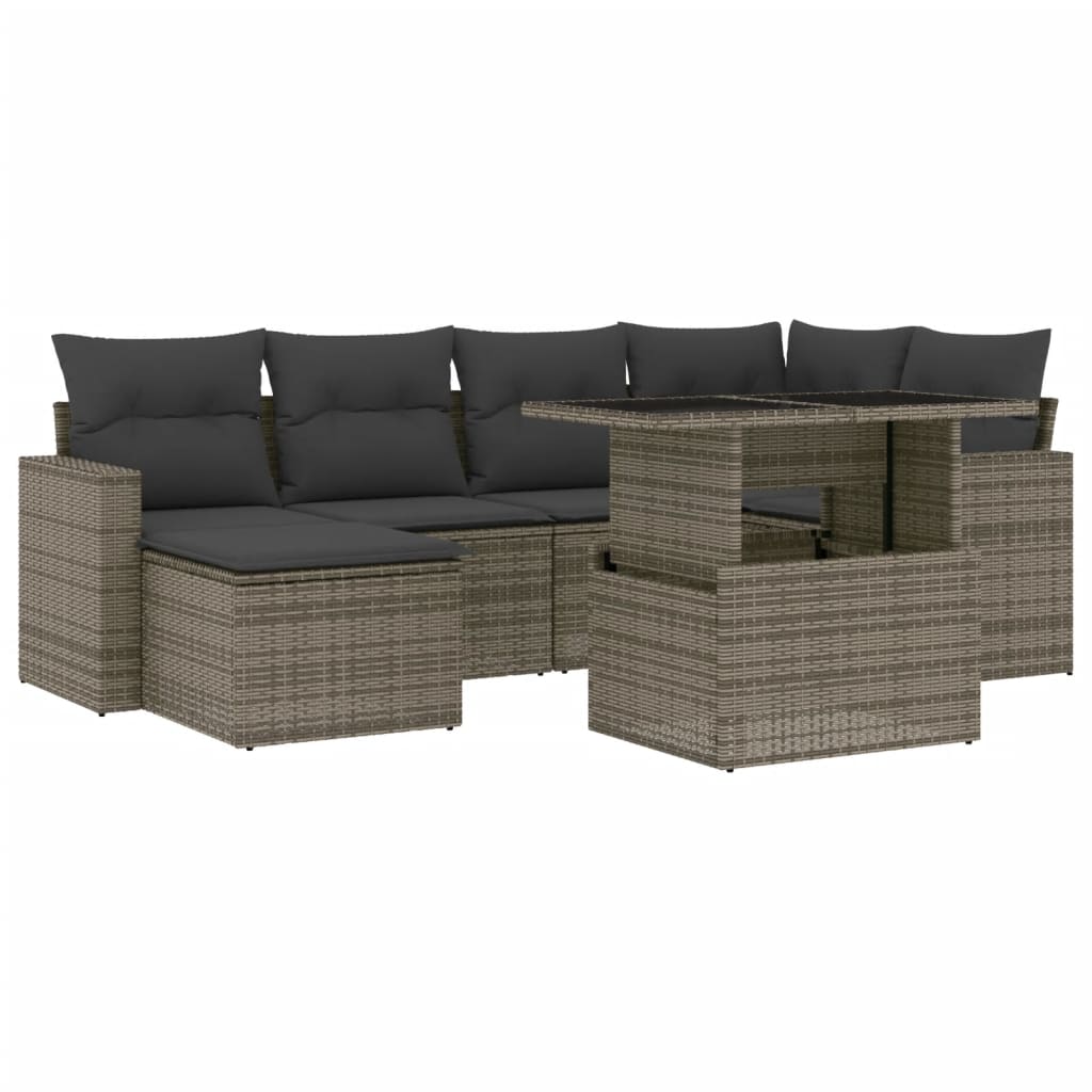 7-tlg. Garten-Sofagarnitur mit Kissen Grau Poly Rattan