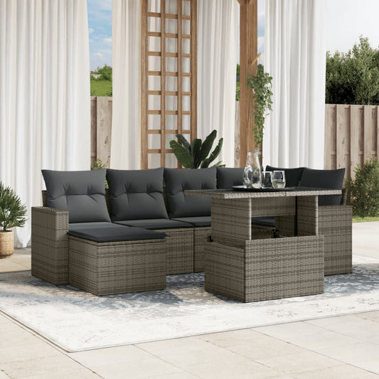 7-tlg. Garten-Sofagarnitur mit Kissen Grau Poly Rattan