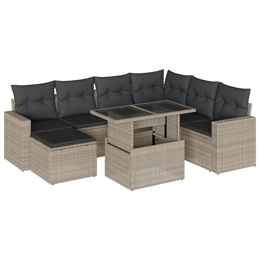 8-tlg. Garten-Sofagarnitur mit Kissen Hellgrau Poly Rattan