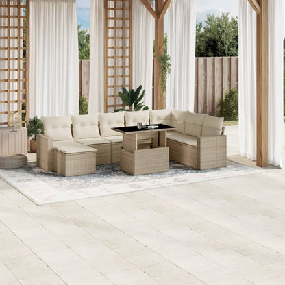 9-tlg. Garten-Sofagarnitur mit Kissen Beige Poly Rattan