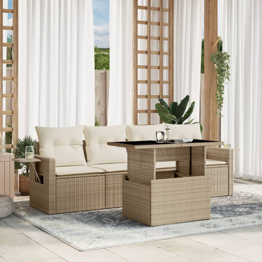 5-tlg. Garten-Sofagarnitur mit Kissen Beige Poly Rattan