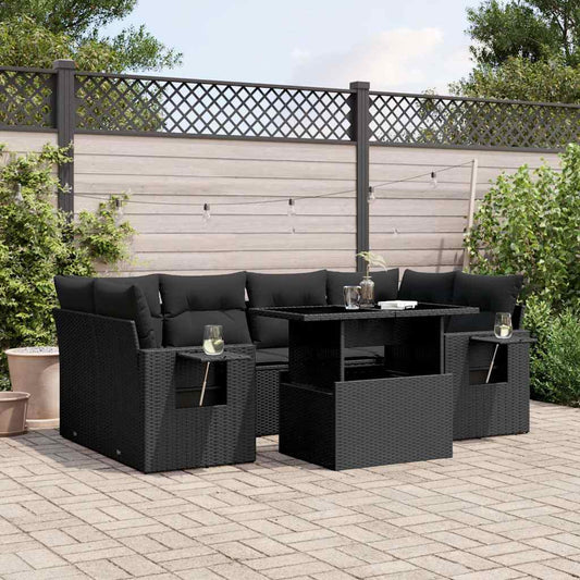 7-tlg. Garten-Sofagarnitur mit Kissen Schwarz Poly Rattan