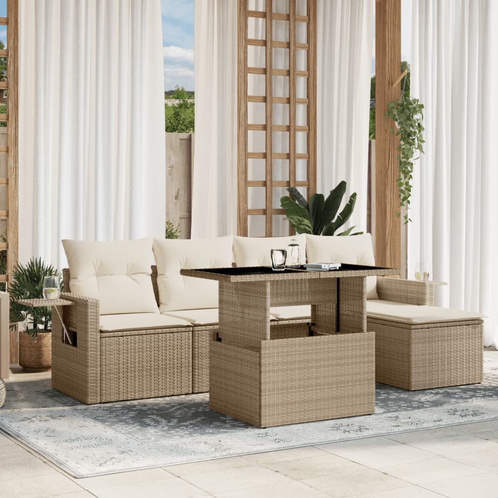 6-tlg. Garten-Sofagarnitur mit Kissen Beige Poly Rattan