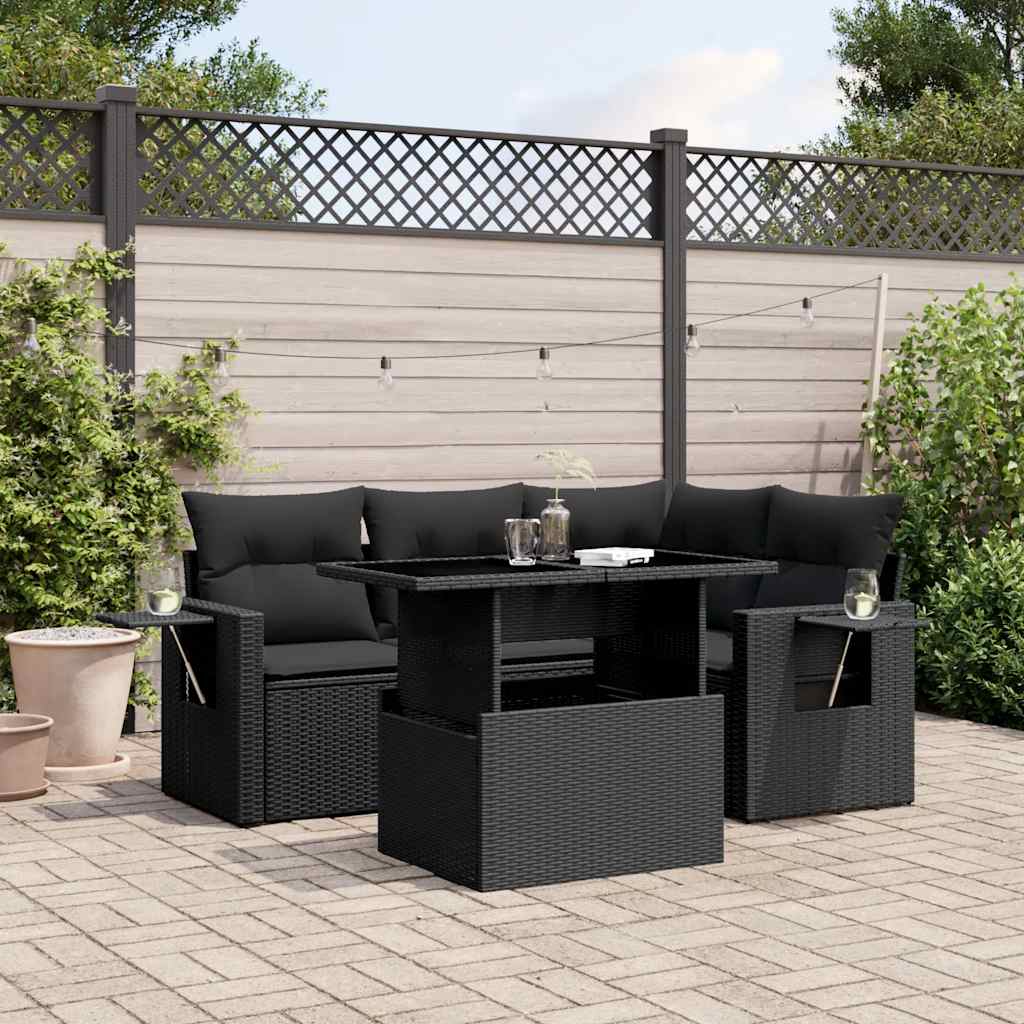 5-tlg. Garten-Sofagarnitur mit Kissen Schwarz Poly Rattan