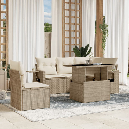 6-tlg. Garten-Sofagarnitur mit Kissen Beige Poly Rattan