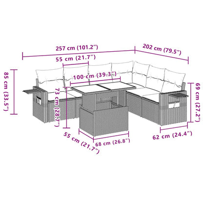 7-teiliges Gartensofa-Set mit Kissen, schwarzes Polyrattan
