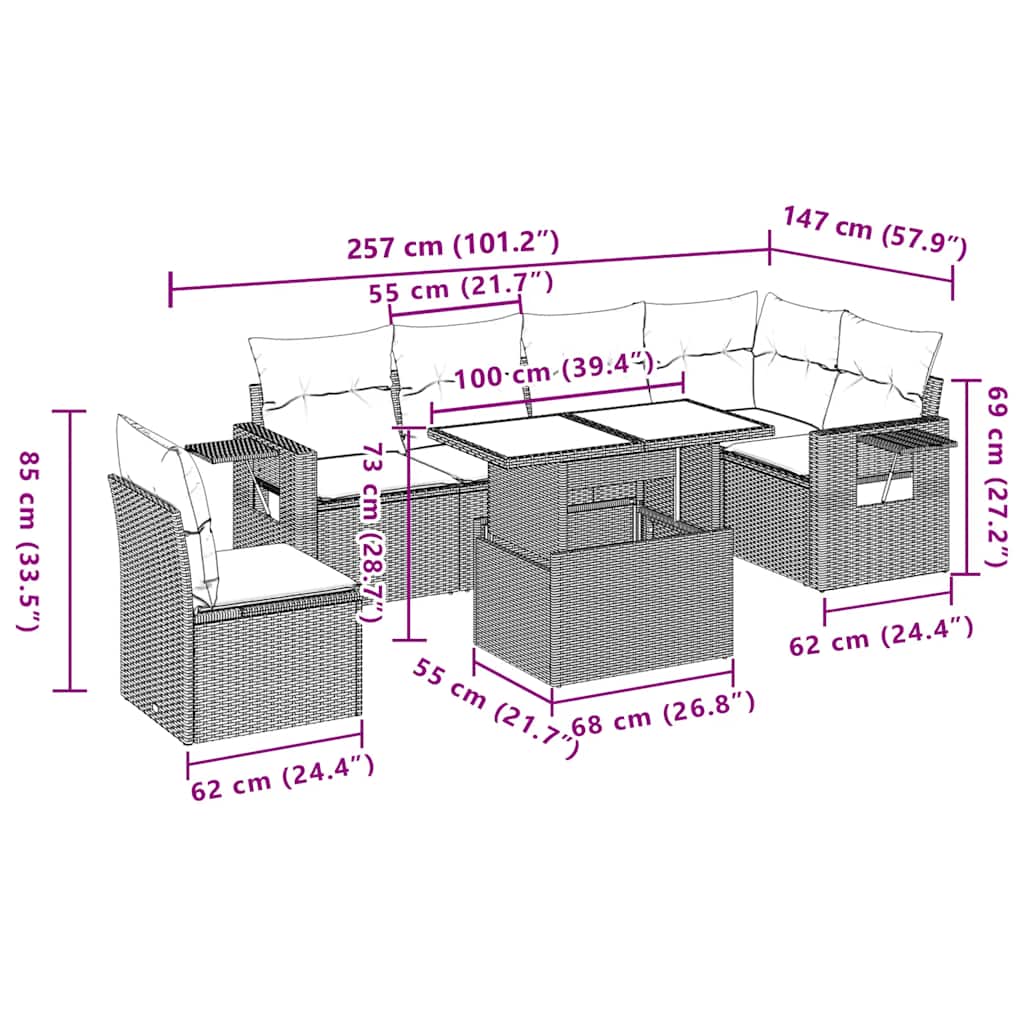7-tlg. Garten-Sofagarnitur mit Kissen Hellgrau Poly Rattan