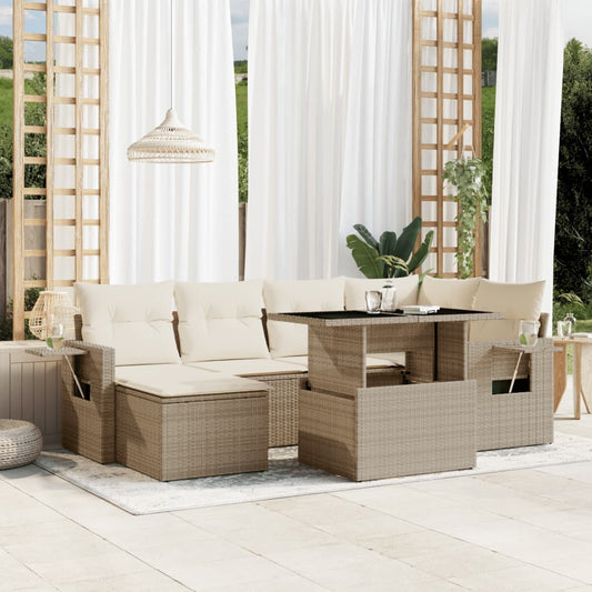 7-tlg. Garten-Sofagarnitur mit Kissen Beige Poly Rattan
