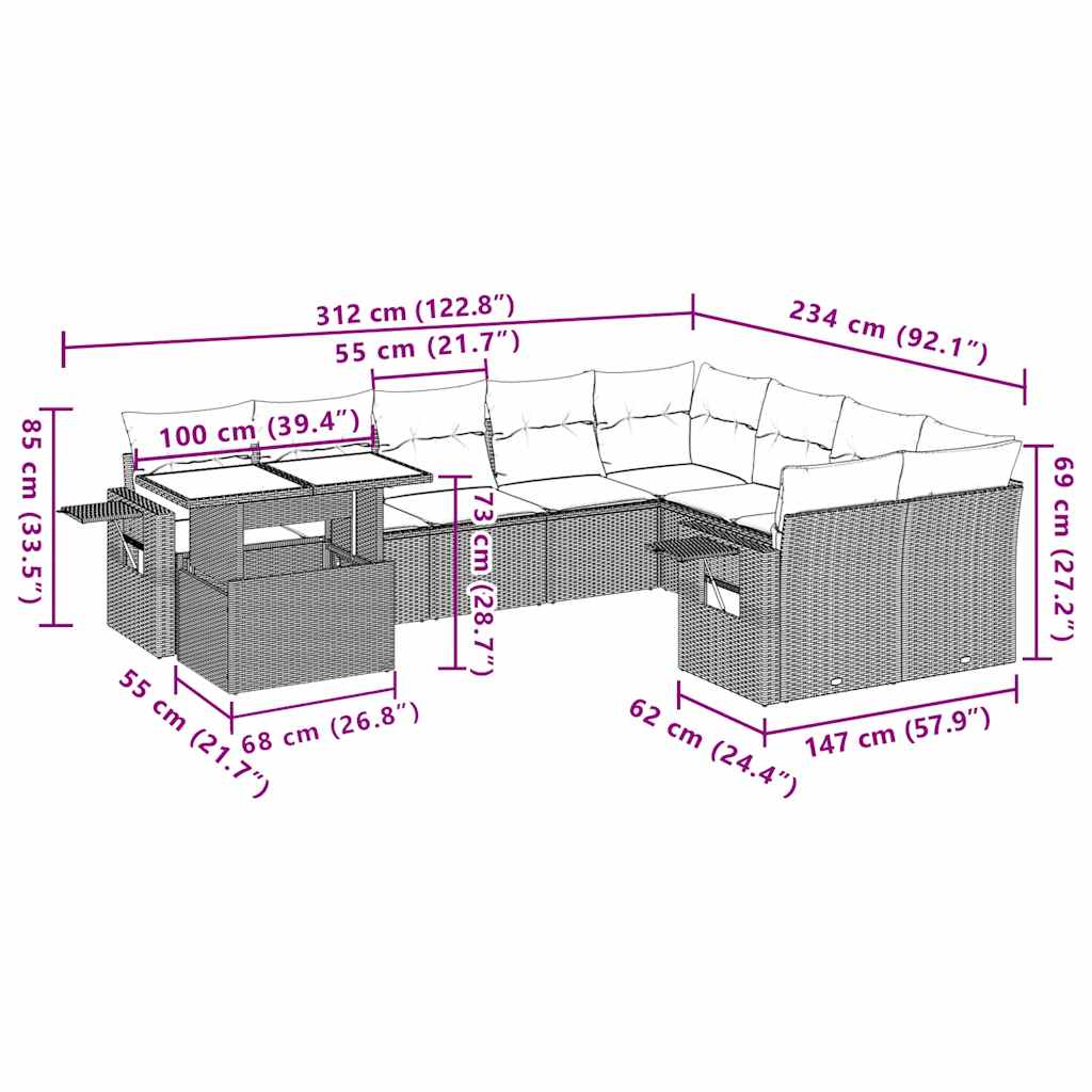 10-tlg. Garten-Sofagarnitur mit Kissen Hellgrau Poly Rattan