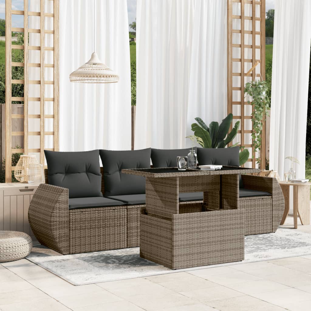 5-tlg. Garten-Sofagarnitur mit Kissen Grau Poly Rattan