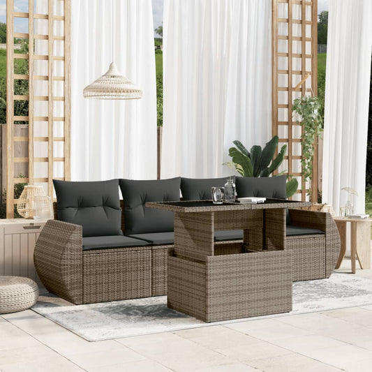 5-tlg. Garten-Sofagarnitur mit Kissen Grau Poly Rattan
