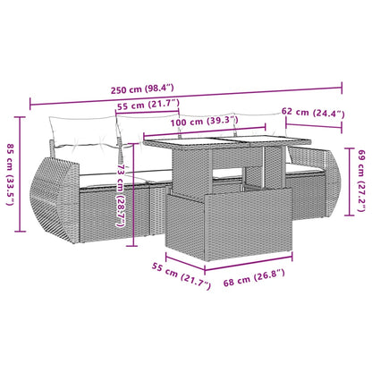 5-tlg. Garten-Sofagarnitur mit Kissen Braun Poly Rattan
