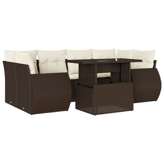 7-tlg. Garten-Sofagarnitur mit Kissen Braun Poly Rattan