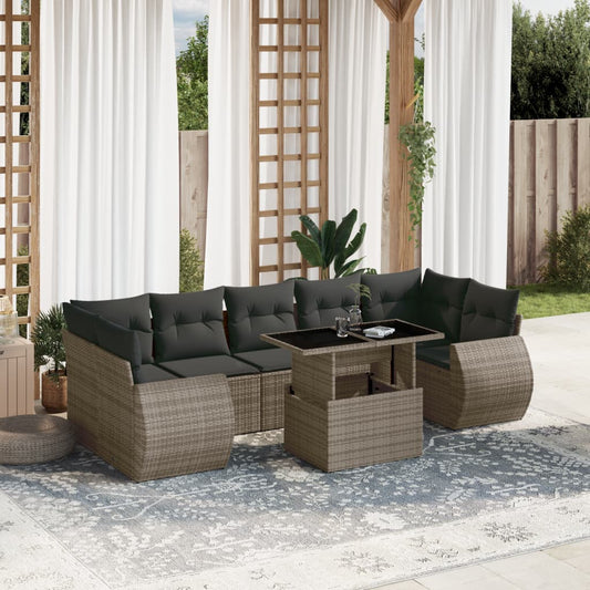 8-tlg. Garten-Sofagarnitur mit Kissen Grau Poly Rattan