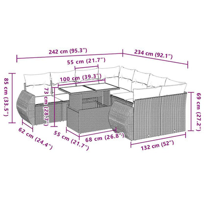9-teiliges Gartensofa-Set mit Kissen, grau, Polyrattan