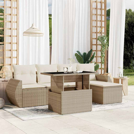 6-tlg. Garten-Sofagarnitur mit Kissen Beige Poly Rattan