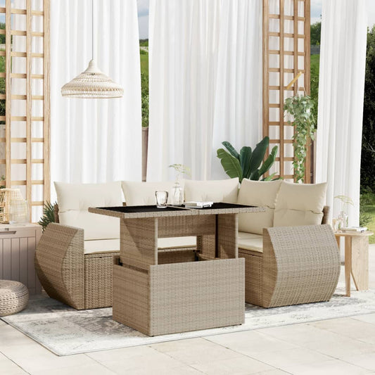 5-tlg. Garten-Sofagarnitur mit Kissen Beige Poly Rattan