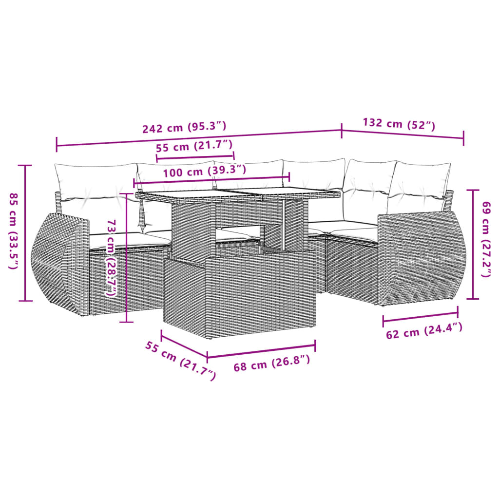 6-tlg. Garten-Sofagarnitur mit Kissen Braun Poly Rattan