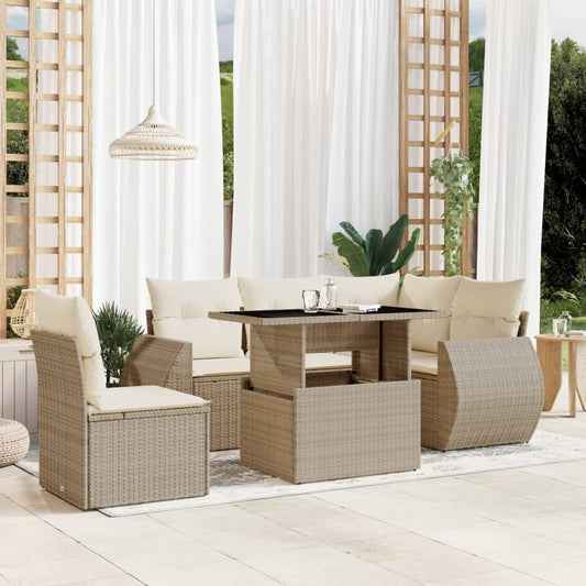 6-tlg. Garten-Sofagarnitur mit Kissen Beige Poly Rattan