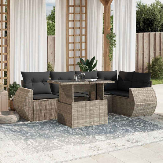 7-tlg. Garten-Sofagarnitur mit Kissen Hellgrau Poly Rattan