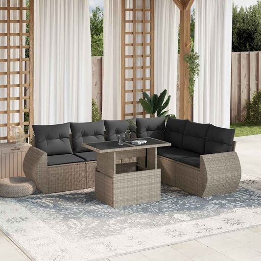 7-tlg. Garten-Sofagarnitur mit Kissen Hellgrau Poly Rattan