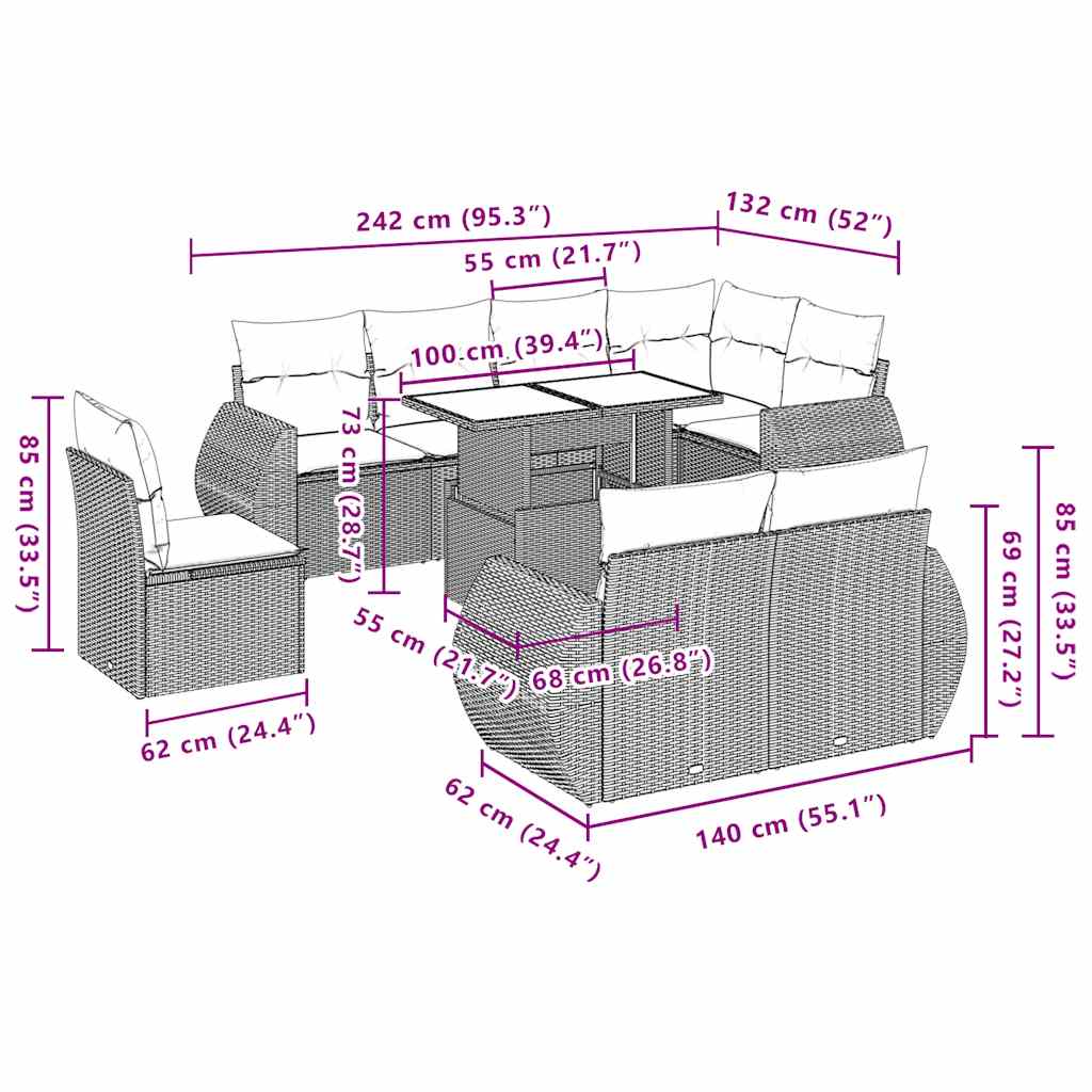 9-tlg. Garten-Sofagarnitur mit Kissen Hellgrau Poly Rattan