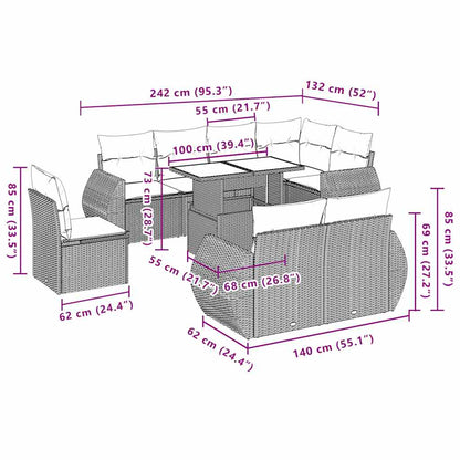 9-tlg. Garten-Sofagarnitur mit Kissen Hellgrau Poly Rattan