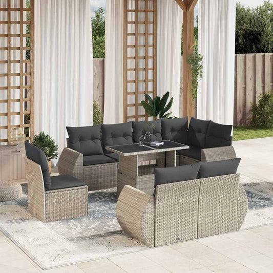 9-tlg. Garten-Sofagarnitur mit Kissen Hellgrau Poly Rattan