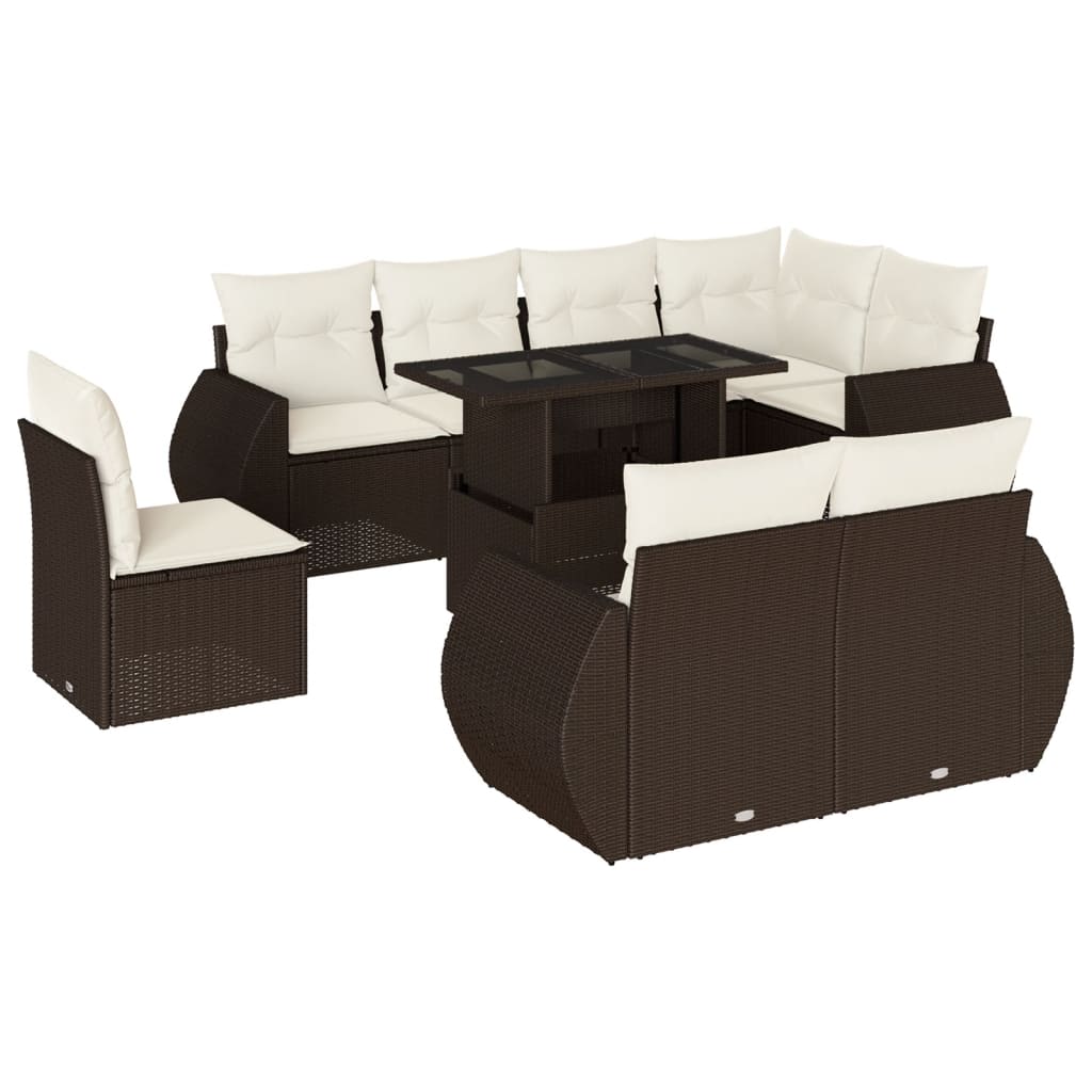 9-tlg. Garten-Sofagarnitur mit Kissen Braun Poly Rattan