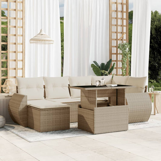 7-tlg. Garten-Sofagarnitur mit Kissen Beige Poly Rattan