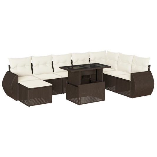 9-tlg. Garten-Sofagarnitur mit Kissen Braun Poly Rattan