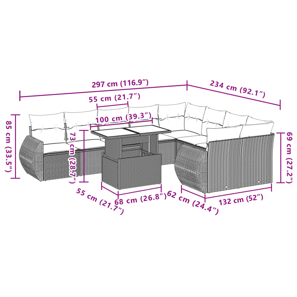 10-tlg. Garten-Sofagarnitur mit Kissen Braun Poly Rattan