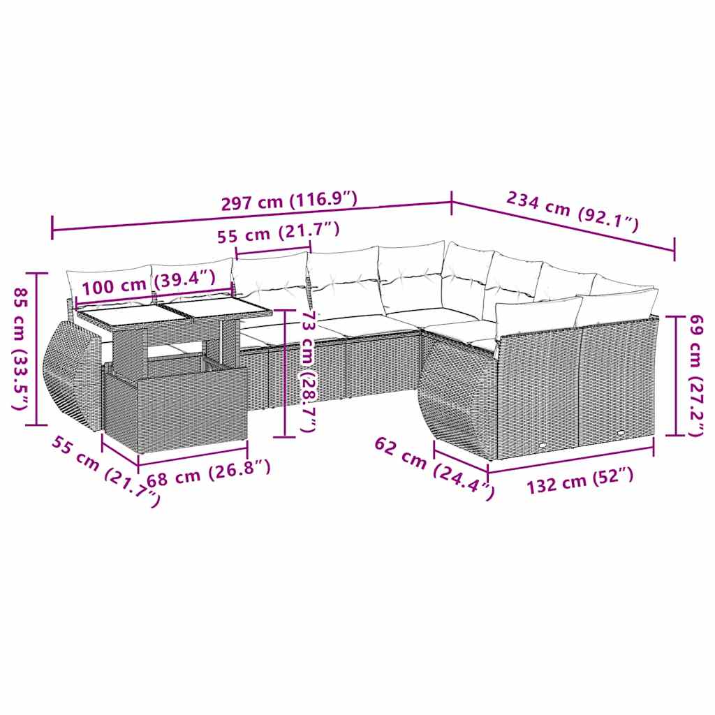10-tlg. Garten-Sofagarnitur mit Kissen Hellgrau Poly Rattan