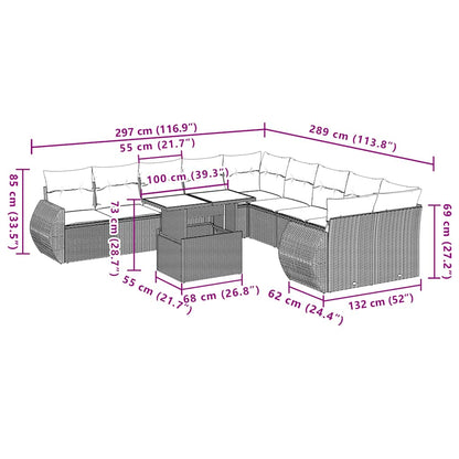 11-teiliges Gartensofa-Set mit Kissen, schwarzes Polyrattan