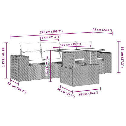 5-teiliges Gartensofa-Set mit Kissen, schwarzes Polyrattan