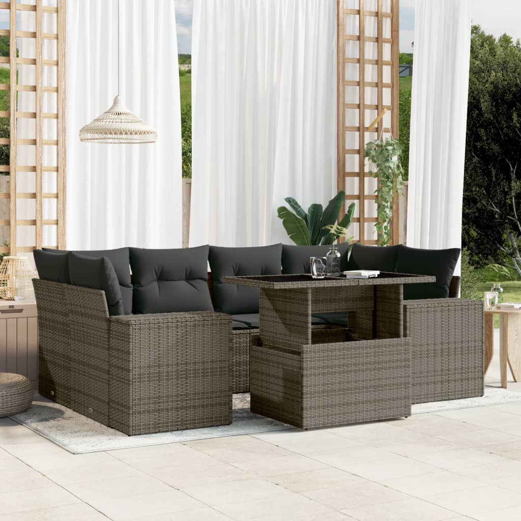 7-tlg. Garten-Sofagarnitur mit Kissen Grau Poly Rattan