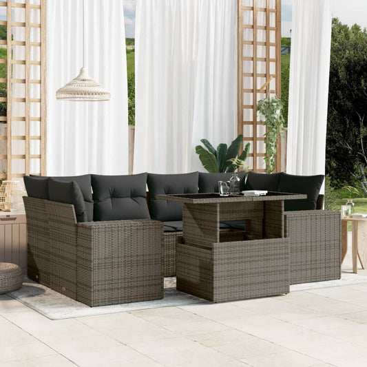 7-tlg. Garten-Sofagarnitur mit Kissen Grau Poly Rattan