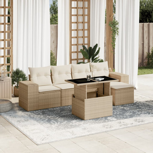 6-tlg. Garten-Sofagarnitur mit Kissen Beige Poly Rattan