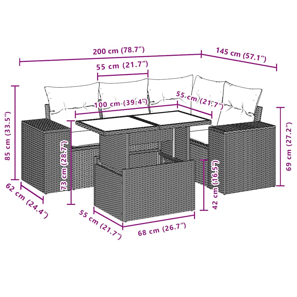 5-tlg. Garten-Sofagarnitur mit Kissen Schwarz Poly Rattan