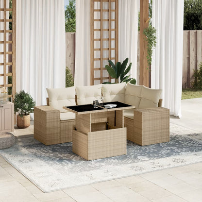 5-tlg. Garten-Sofagarnitur mit Kissen Beige Poly Rattan
