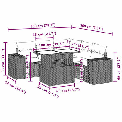 6-teiliges Gartensofa-Set mit Kissen, schwarzes Polyrattan