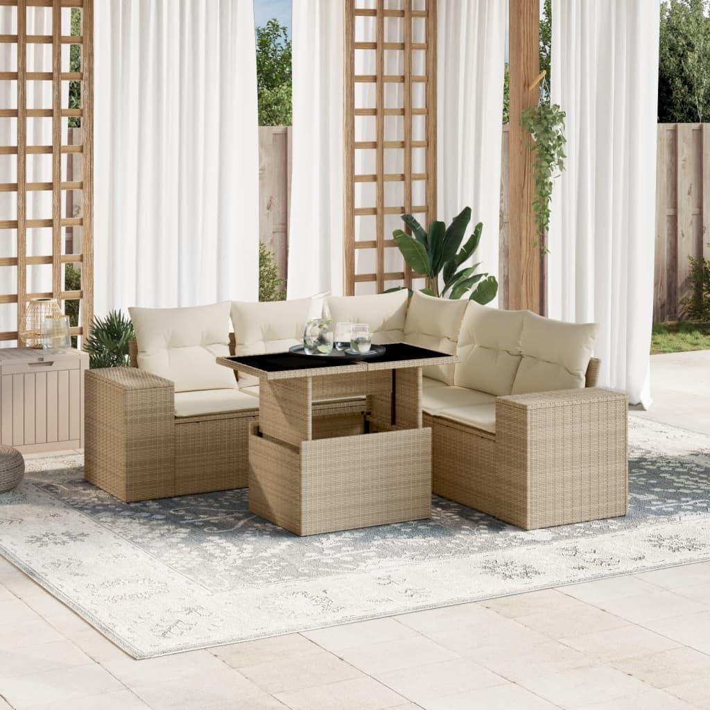 6-tlg. Garten-Sofagarnitur mit Kissen Beige Poly Rattan