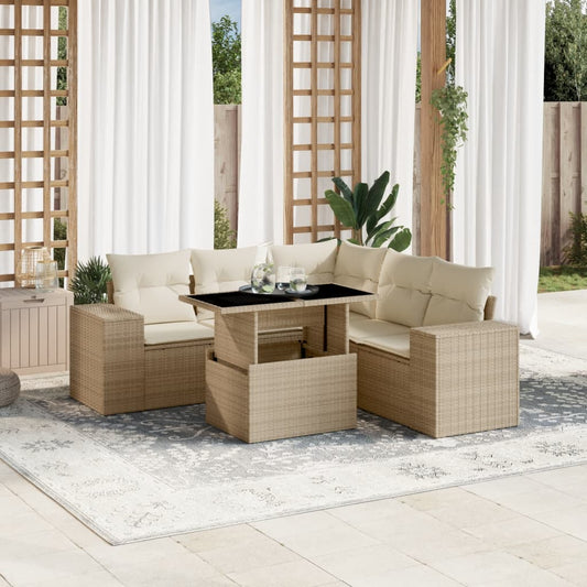 6-tlg. Garten-Sofagarnitur mit Kissen Beige Poly Rattan