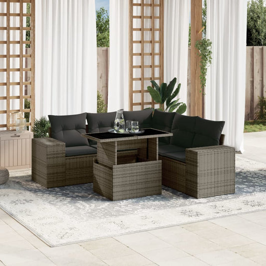 6-tlg. Garten-Sofagarnitur mit Kissen Grau Poly Rattan