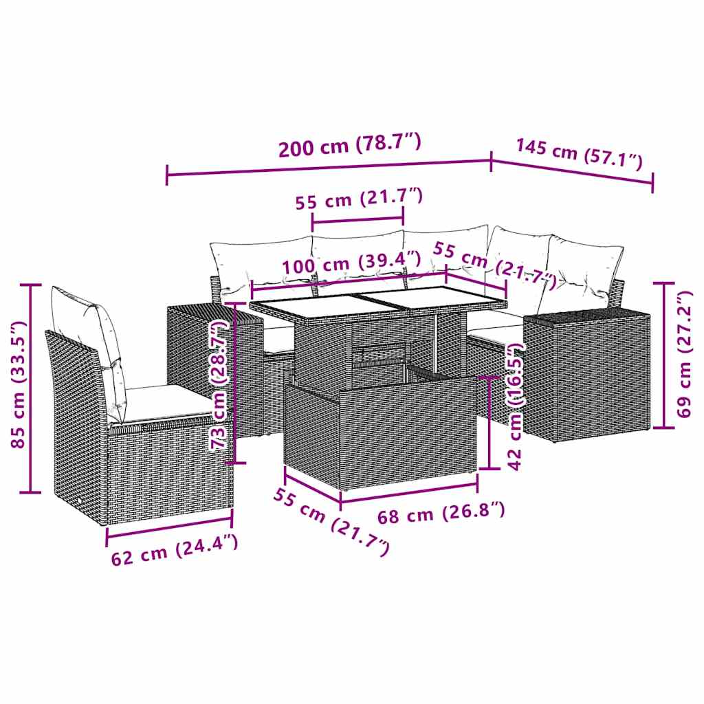 6-tlg. Garten-Sofagarnitur mit Kissen Schwarz Poly Rattan