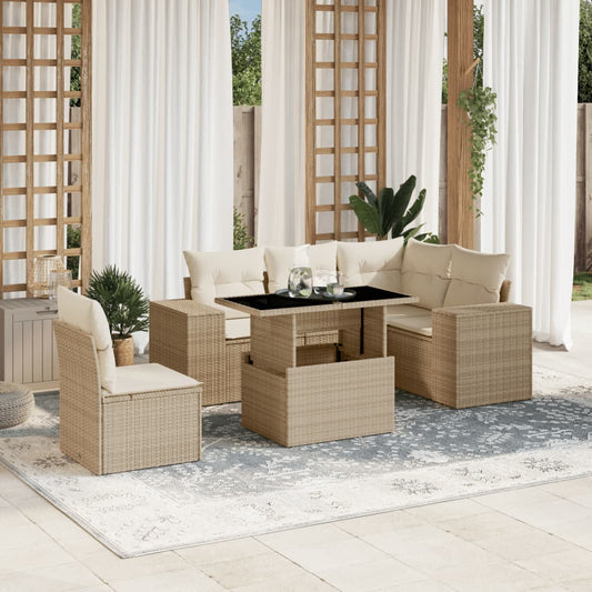 6-tlg. Garten-Sofagarnitur mit Kissen Beige Poly Rattan